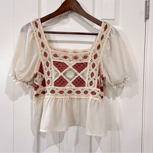 Crochet Semi Sheer Cropped Top Boho Peasant